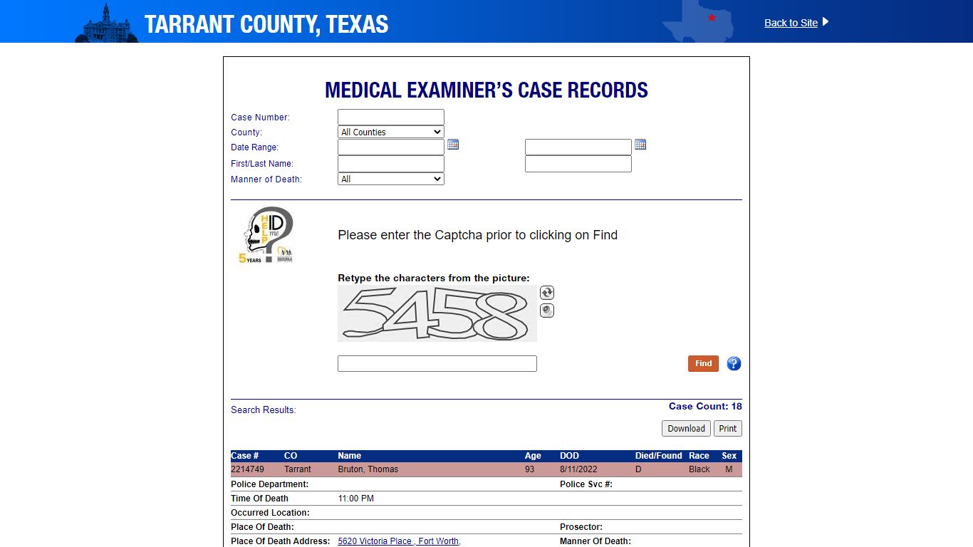 Tarrant County - Medical Examiner’s Case Records